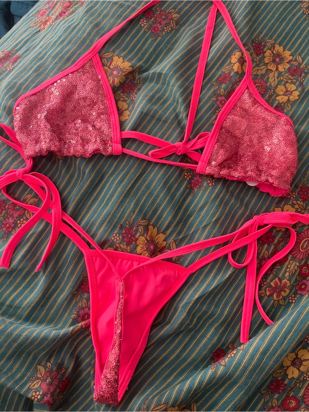 Vintage Hot Pink Sequin Triangle Bikini Set ASO Elle woods legally blonde